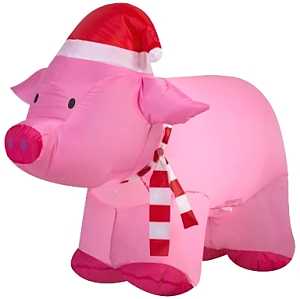 Santas Forest - Inflatable Pig with Santa Hat, 4 ft H