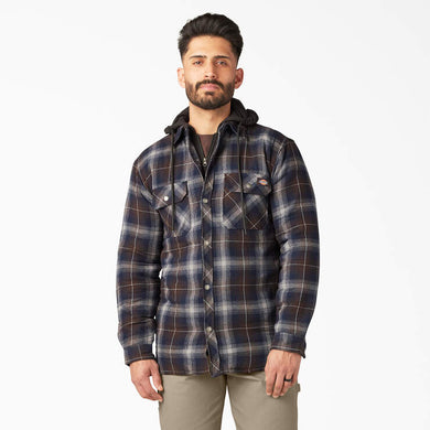 Flannel Hooded Shirt Jacket Dickies TJ211 Navy/Brown Large Tall